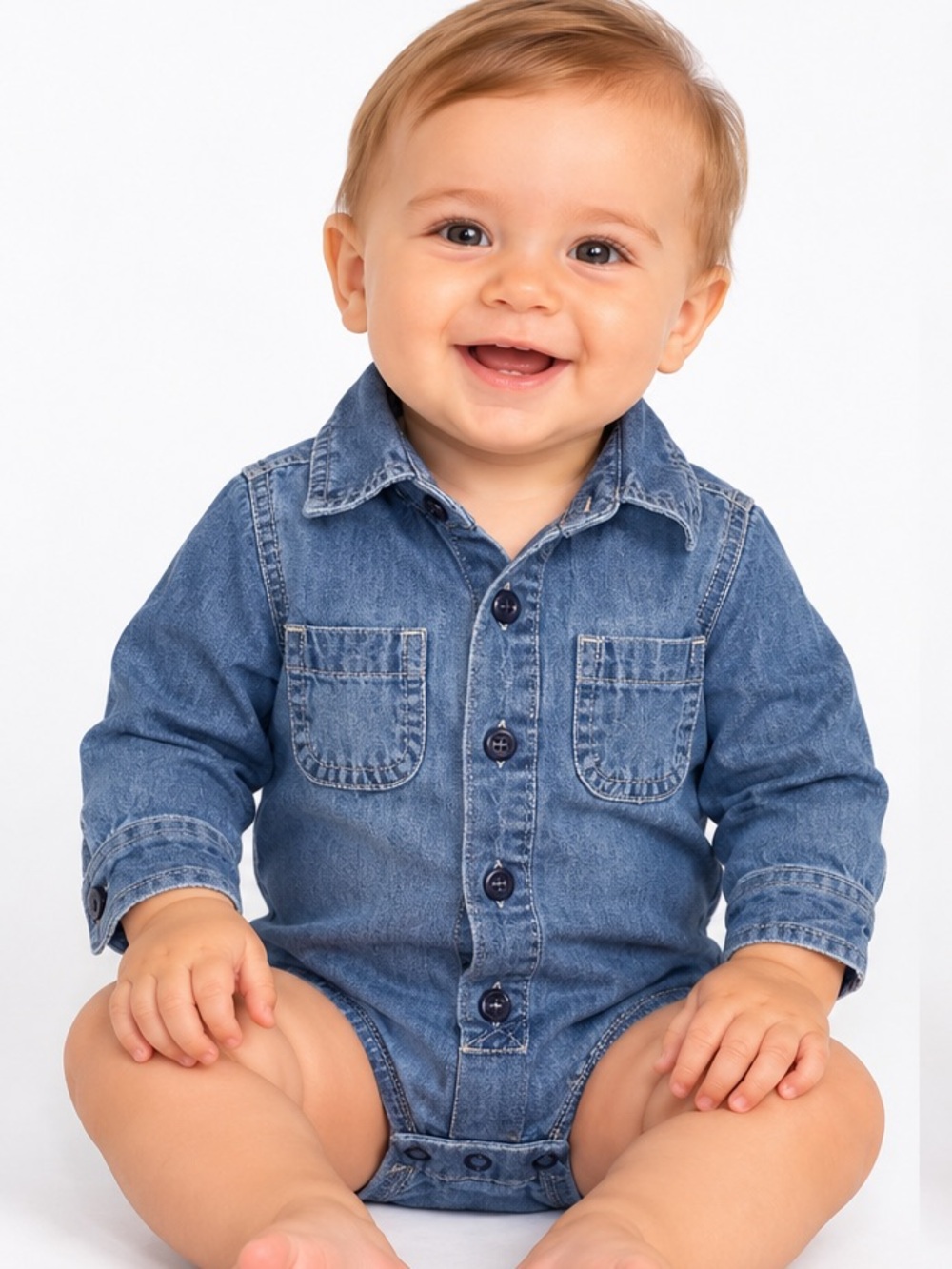 OSHKOSH B’GOSH 9M Baby Sandblasted Denim Button Up Collared Onesie Double